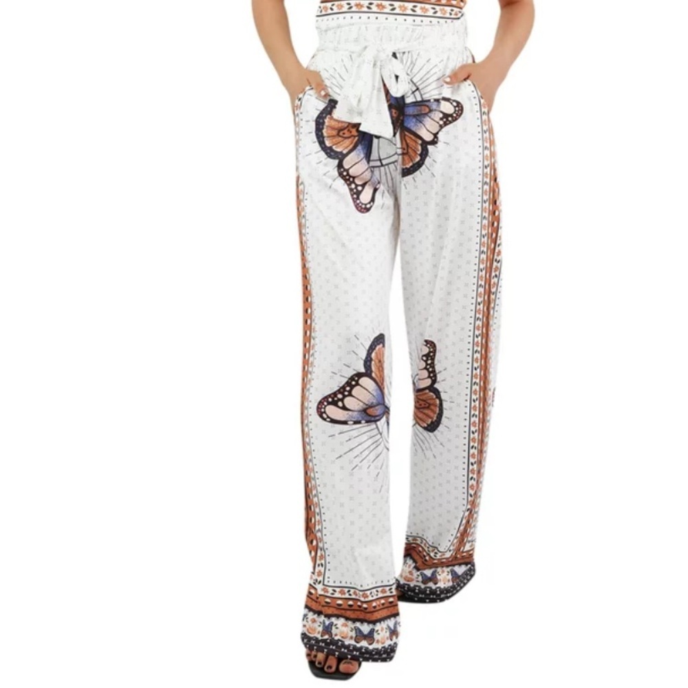 WHITE/ORANGE/PURPLE WIDE LEG BUTTERFLY PRINT PALAZZO SUMMER PANT WITH POCKETS